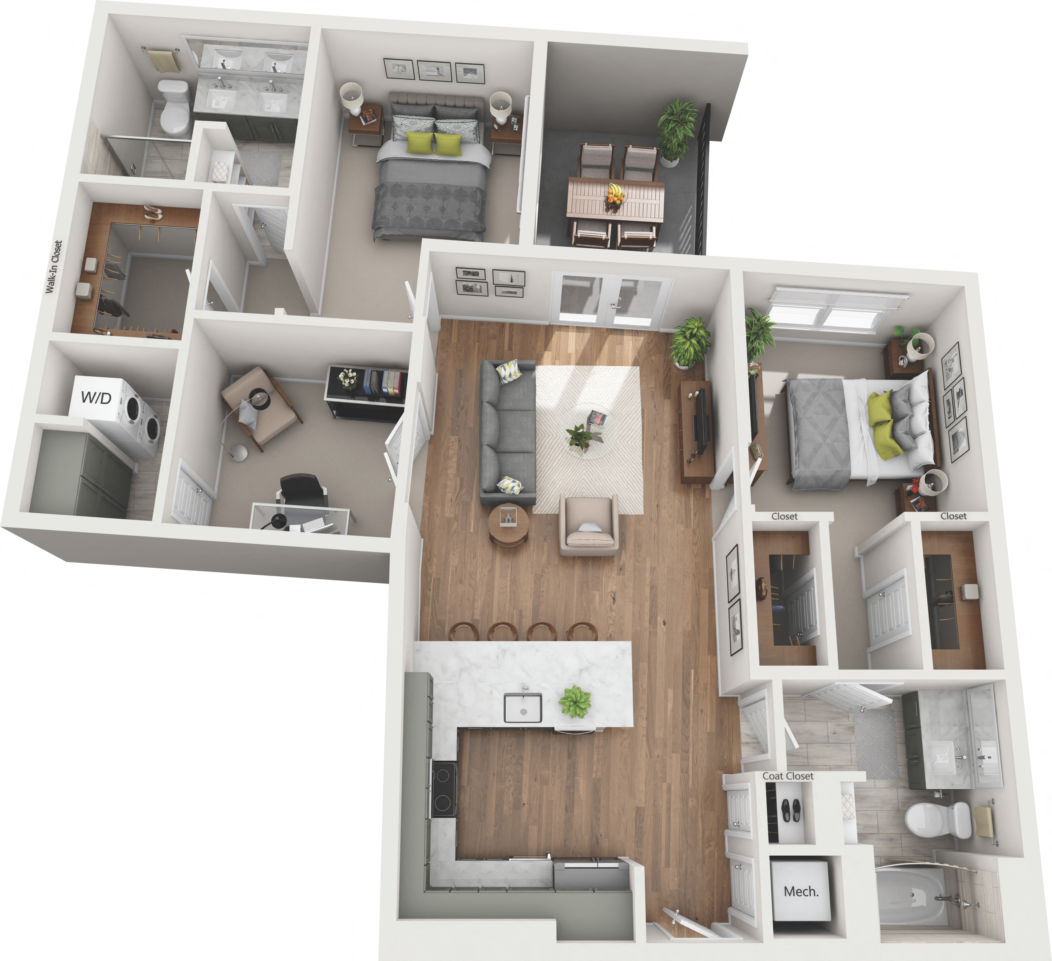 Floor plan for 2 beds, 2 baths, 1277 sqft